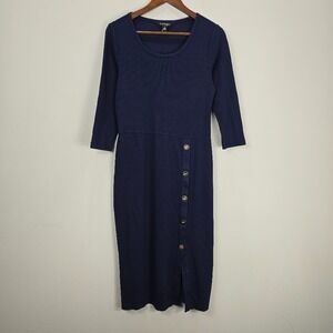 Lauren Ralph Lauren Dress Women 10 Navy Blue Ribbed Midi Gold Buttons Minimal